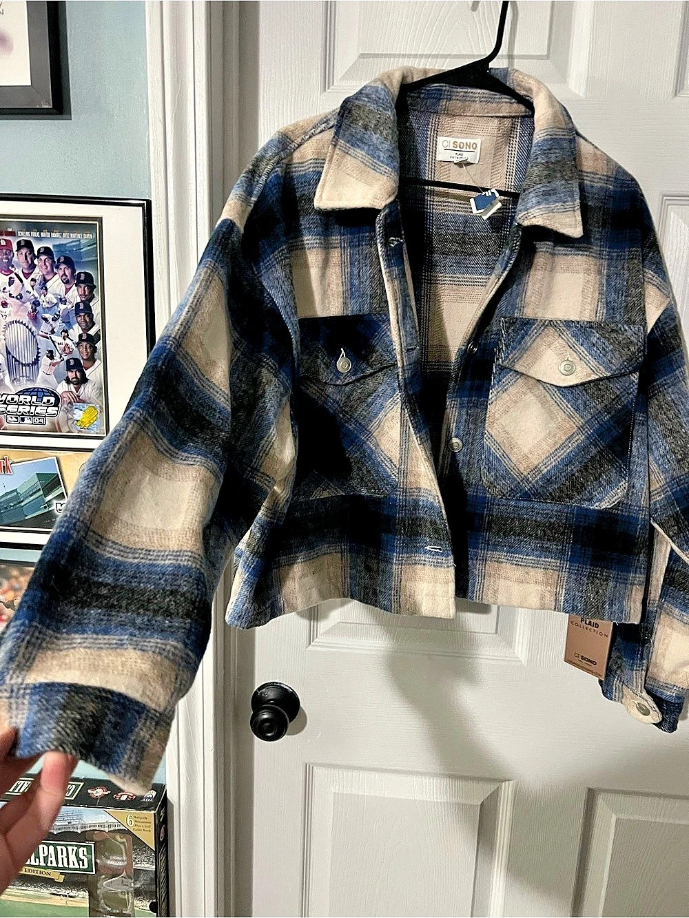 Ci Sono Plaid Collection Plaid Cropped Jacket in Blue & White XL NWT